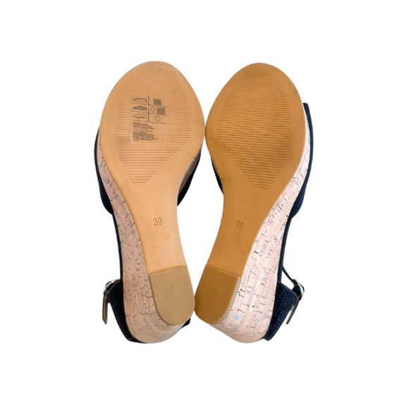 H&M Sandals Wedge Platform Heeled Ankle Strap Cork Fabric Black Women's Size 8 - Picture 7 of 8